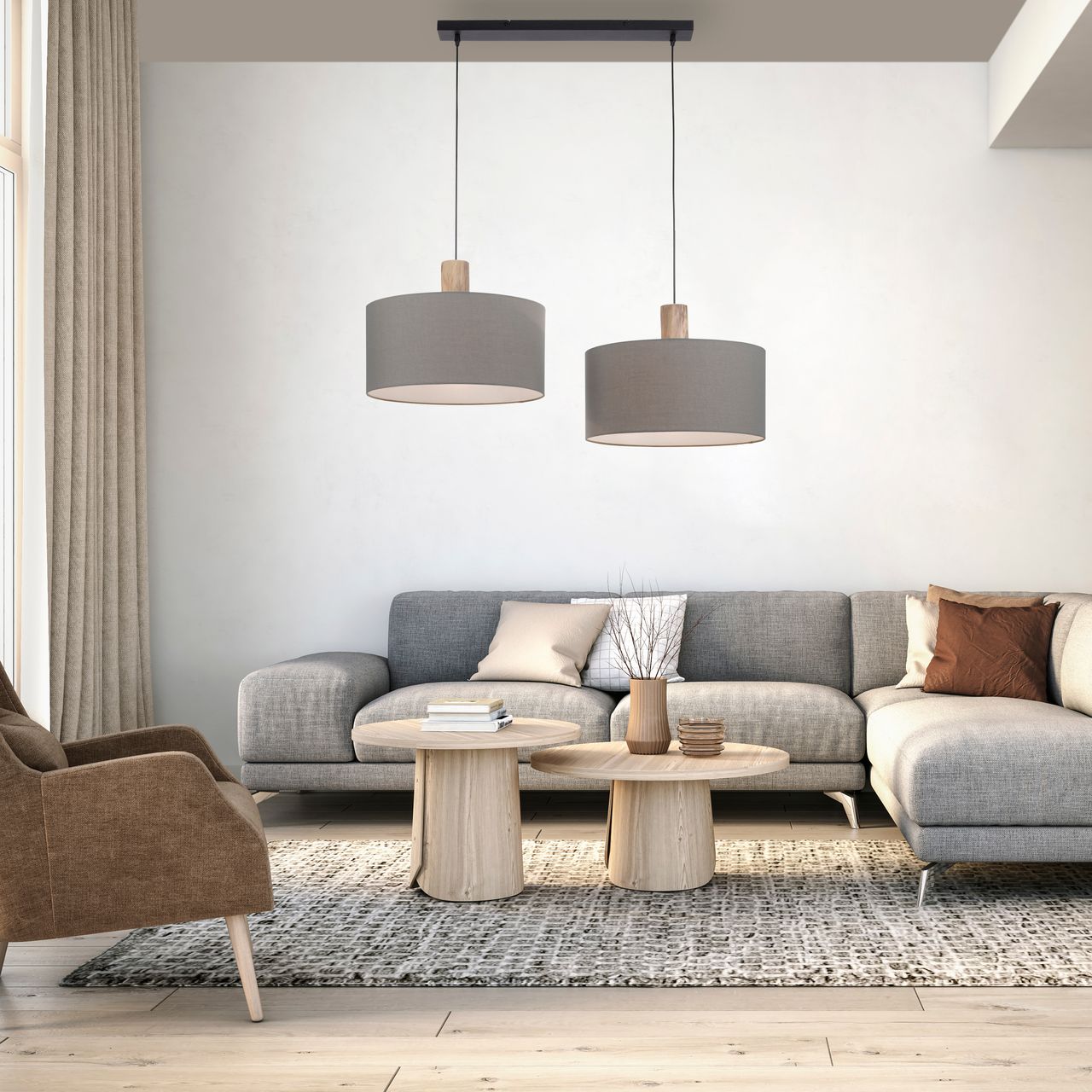 JUST LIGHT LeuchtenDirekt Pendelleuchte LINEN, Holzapplikation, natürlicher Materialmix, 2x E27/60W exkl., Innenleuchte, IP20