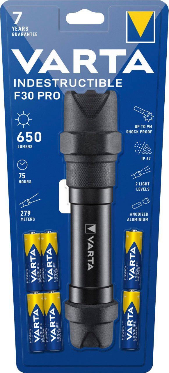 VARTA Taschenlampe Indestructible F30 Pro 6 Watt LED, wasser- und staubdicht, stoßabsorbierend, eloxiertes Aluminium Gehäuse