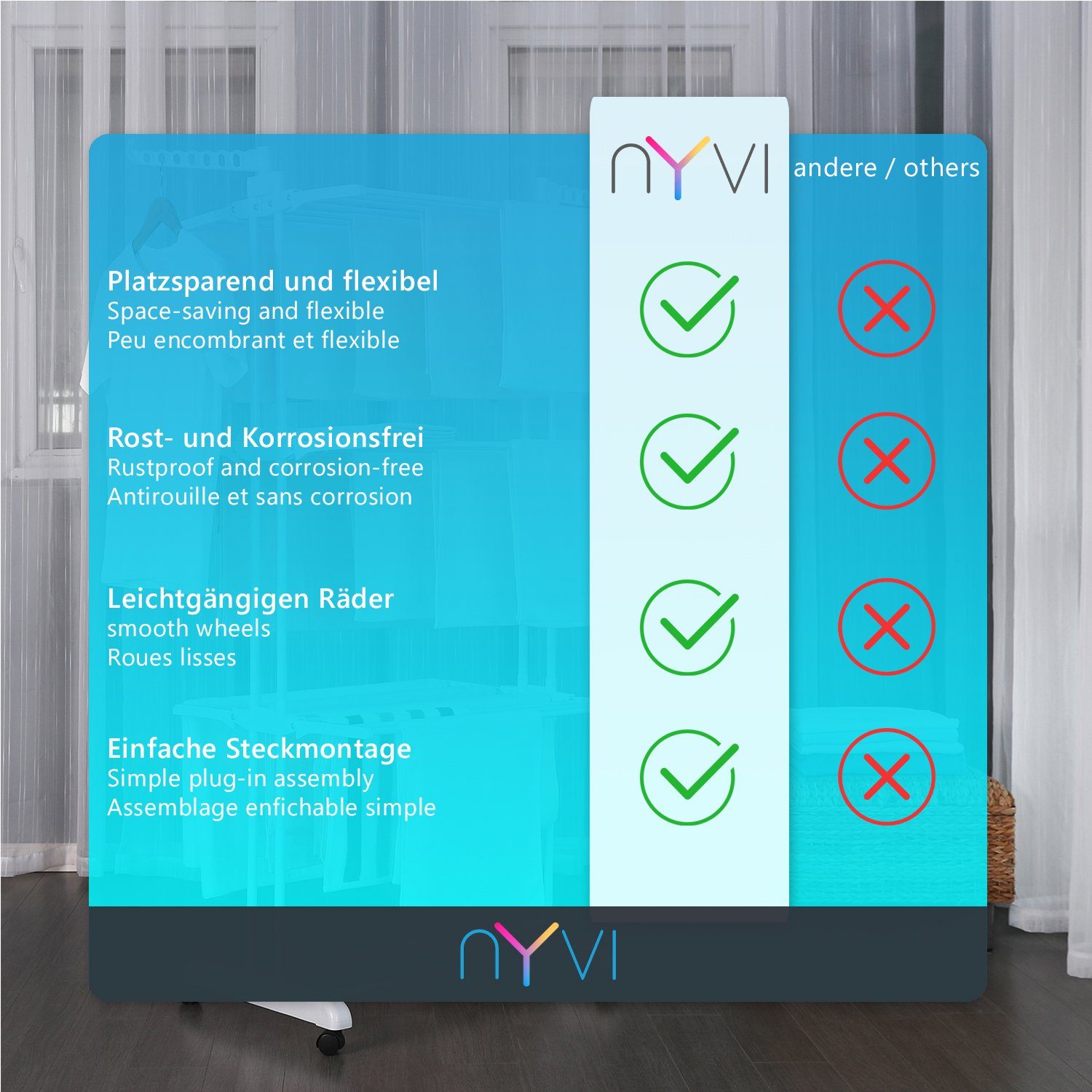 NYVI Turmwäscheständer Wäscheständer Turm LaundryFlex Turmwäscheständer Extra Groß & Stabil, Robuster Edelstahl Platzsparend Einklappbar 360° Räder 50Kg Tragkraft