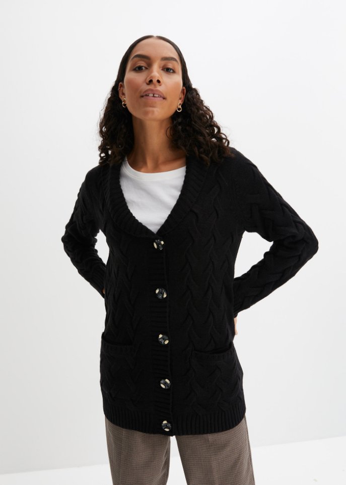 Strickjacke mit Schalkragen und Zopfmuster