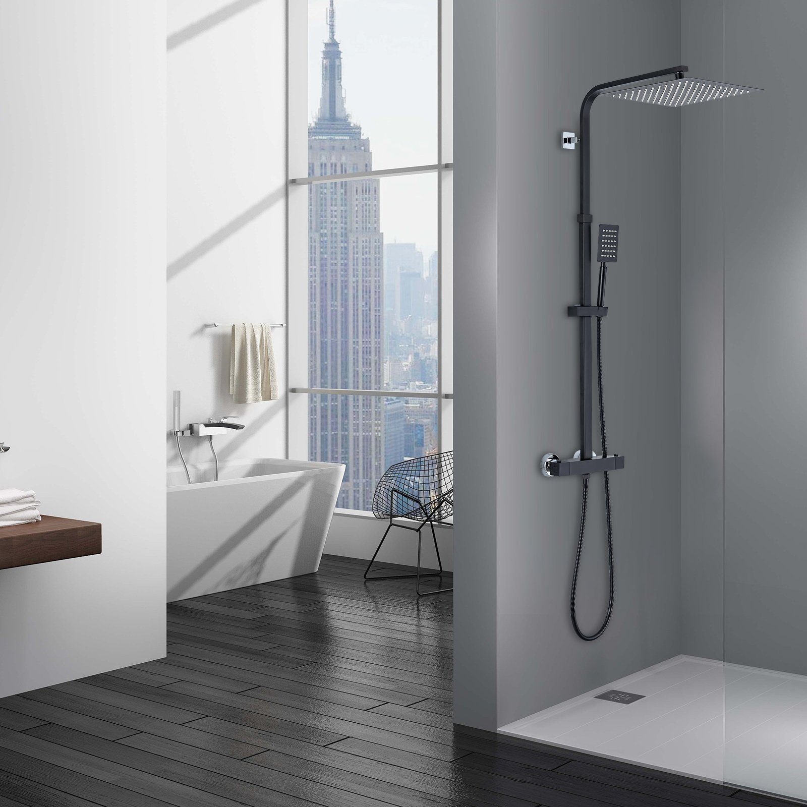 Auralum Duschsystem mit Thermostat Duscharmatur Regendusche Massage Duschset Handbrause, Regendusche Höhenverstellbar, Anti-Verbrühung-Duschsystem, Schwarz
