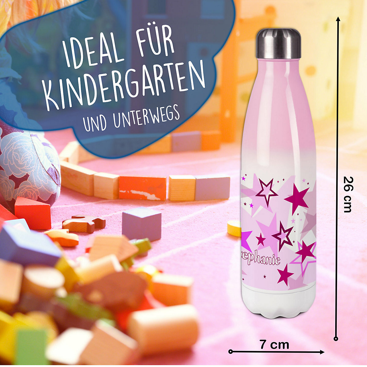 Edelstahl Kinder Thermoflasche / Trinkflasche bunt Sternenhimmel Farbe rosa Spülmaschinenfest, Auslaufsicher, Bruchfest, Doppelwandig, Für Heißgetränke geeignet, Mit Deckel, Isoliert