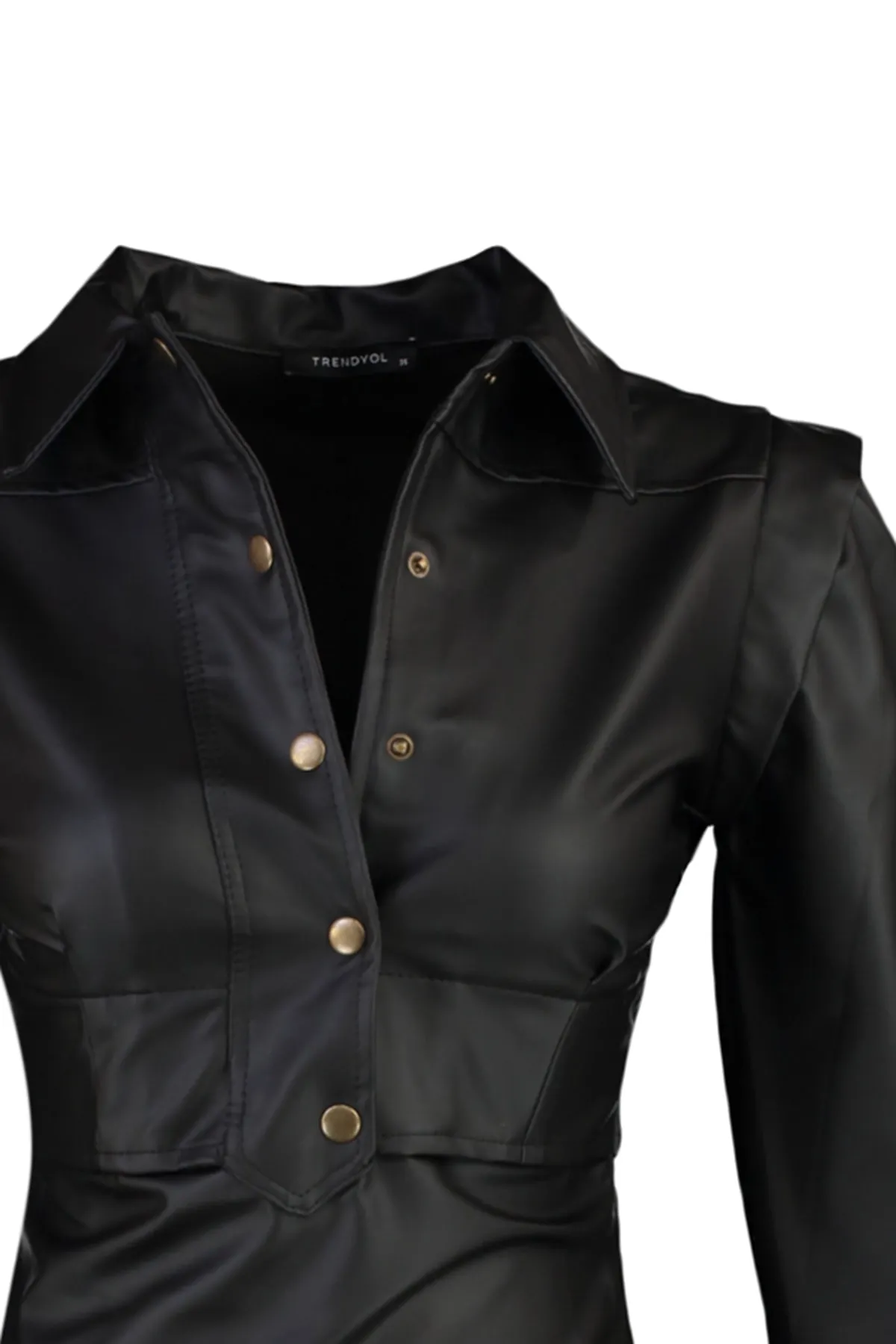 Trendyol Collection  Schwarzes Kleid aus gewebtem Kunstleder mit Mini-Hemdkragen TWOAW20EL2136