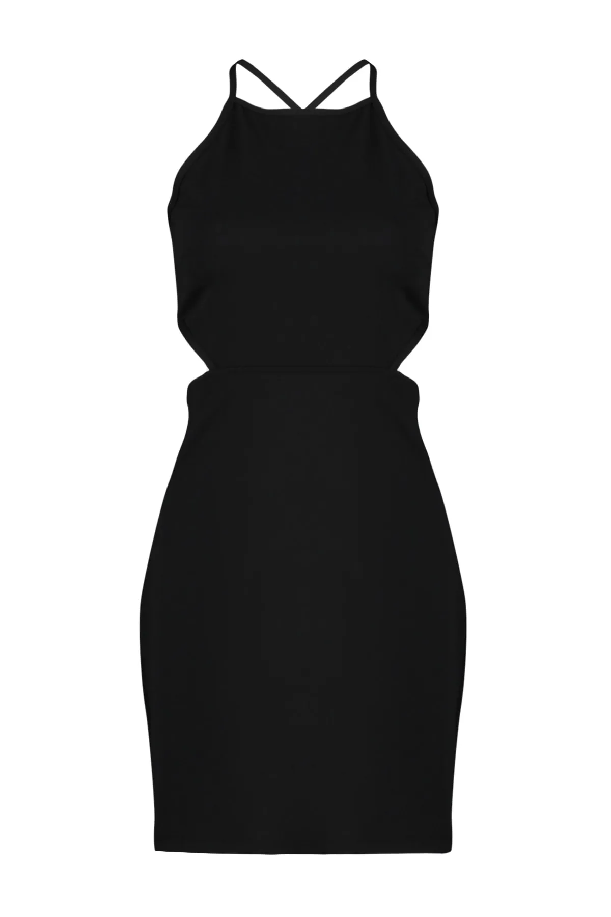 Trendyol Collection  Schwarzes, figurbetontes Mini-Bleistiftkleid aus flexiblem Strick mit Cut-Outs und Trägern TWOSS23EL02167