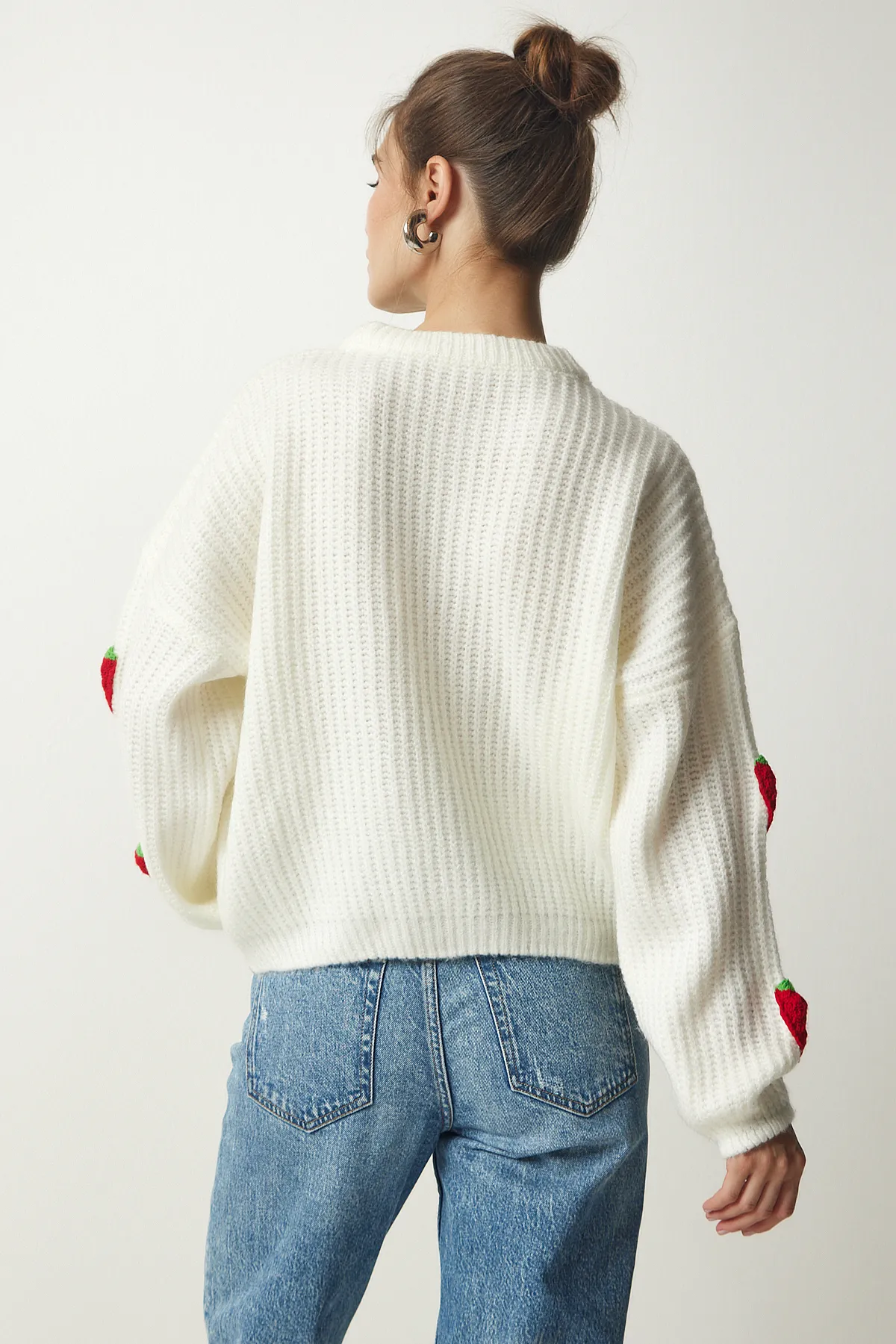 Happiness İstanbul  Damen-Strickpullover mit Erdbeerstruktur in Knochenform PF00022
