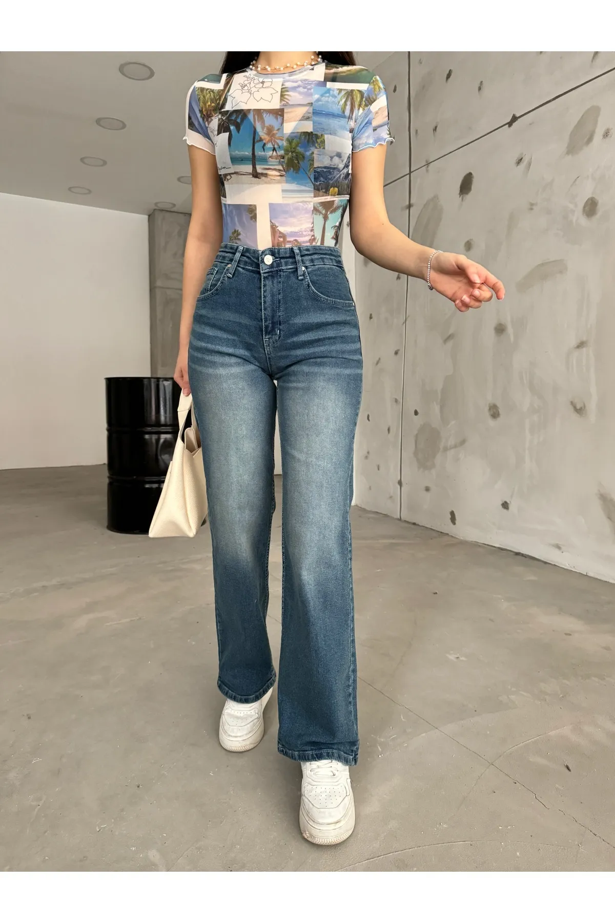BİKELİFE  Damen-Palazzo-Jeans aus dunkelblauem, blassem Lycra mit hoher Taille und weitem Bein, lockere Passform