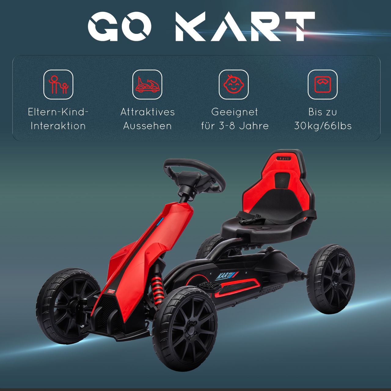 HOMCOM Gokart, Kinderfahrzeug mit verstellbarem Sitz, Tretfahrzeug, Rot