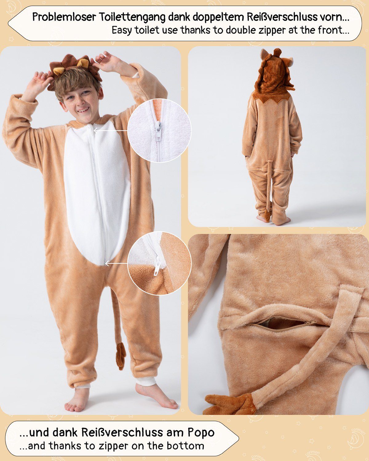 Corimori Jumpsuit Flauschiges Löwen-Kostüm für Kinder (2-tlg) mit Haarreif, Fasching, Mädchen, Jungen, Simba, König der Löwen