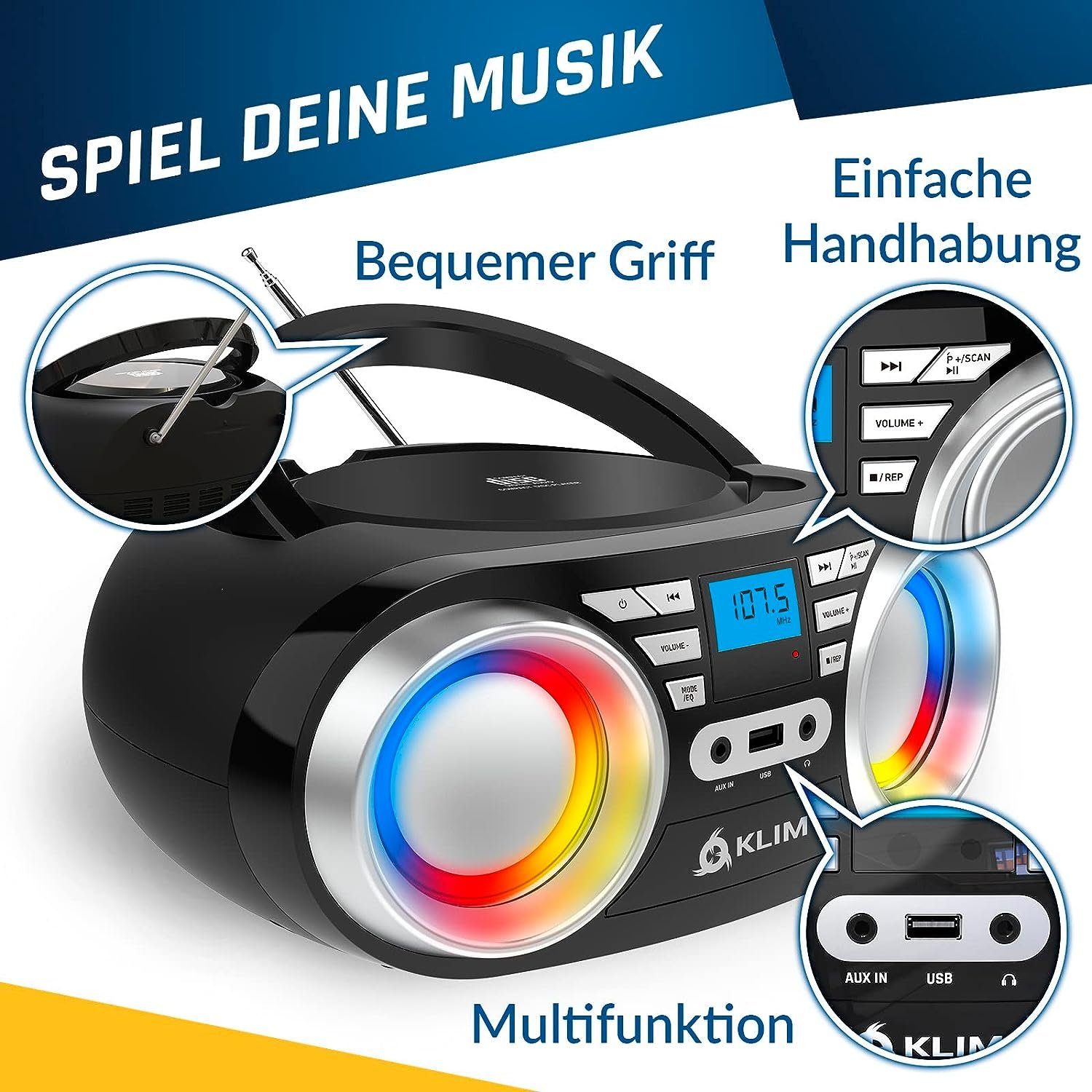 KLIM Boombox B3 Stereo-CD Player (Tragbarer CD Player, FM Radio, MP3, kabelloser Betrieb mit wiederaufladbaren Akku, Digitaler EQ)