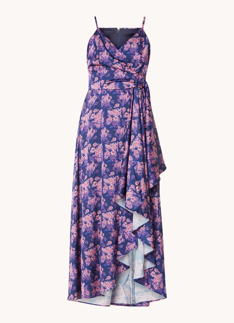 Rochie lungă Chi Chi London cu imprimeu floral și tiv asimetric.