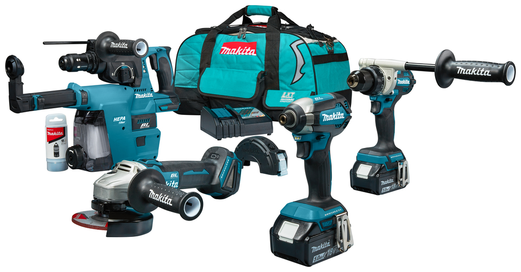 Makita DLX4194TX1 Kombi-Set mit 4 Maschinen, 18 V, 2 x 5,0 Ah Li-Ion-Akkus auf Lader in der Tasche