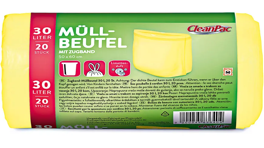 CleanPac Müllbeutel mit Zugband und Limettenduft 30 Liter