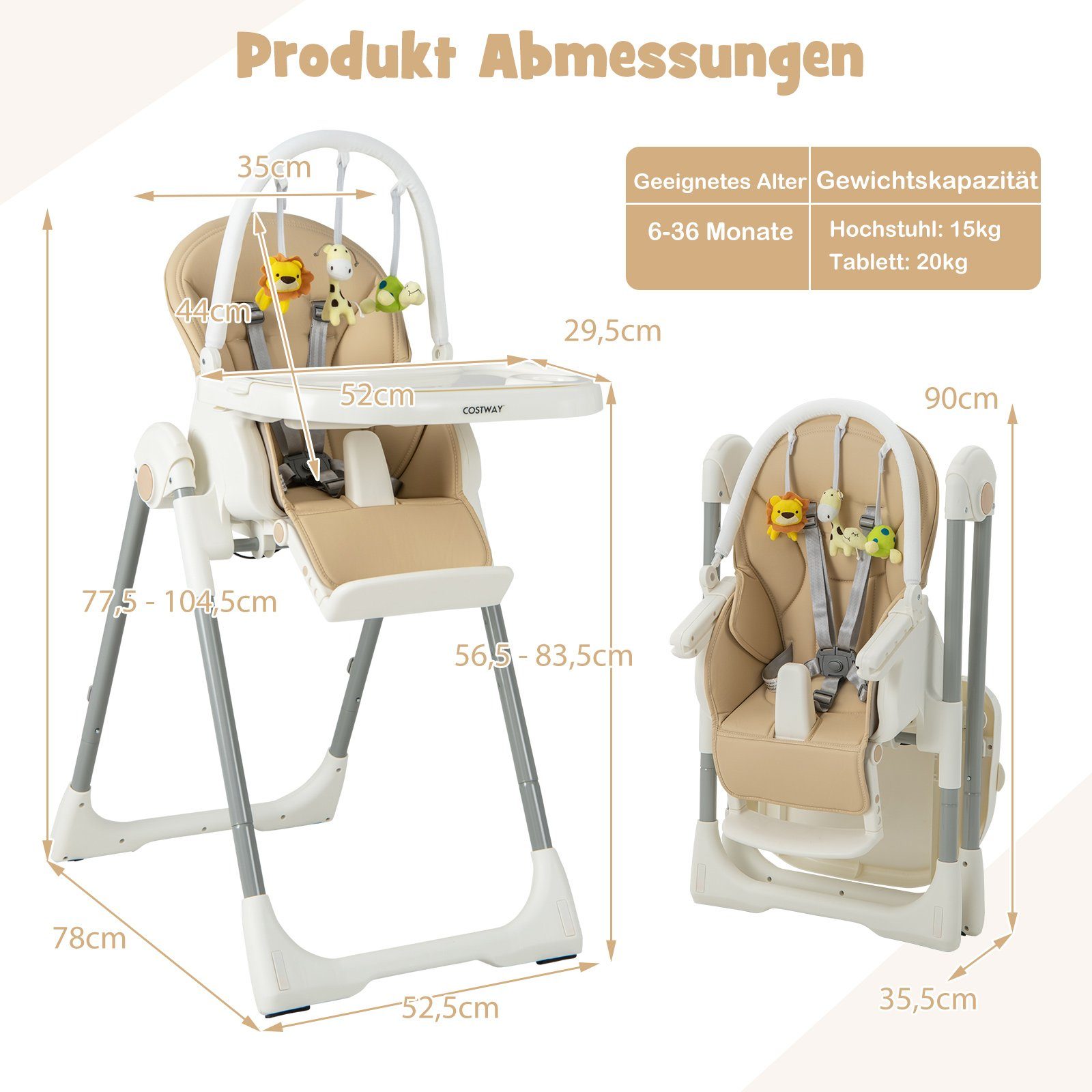 COSTWAY Hochstuhl Babystuhl, klappbar, 7 Höhen und 4-Fach verstellbar