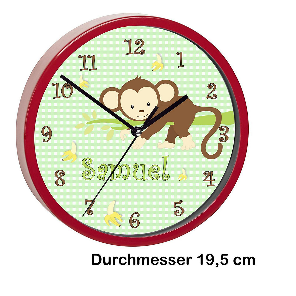 Kinder Wanduhr personalisiert mit Name Affe hängend Grün