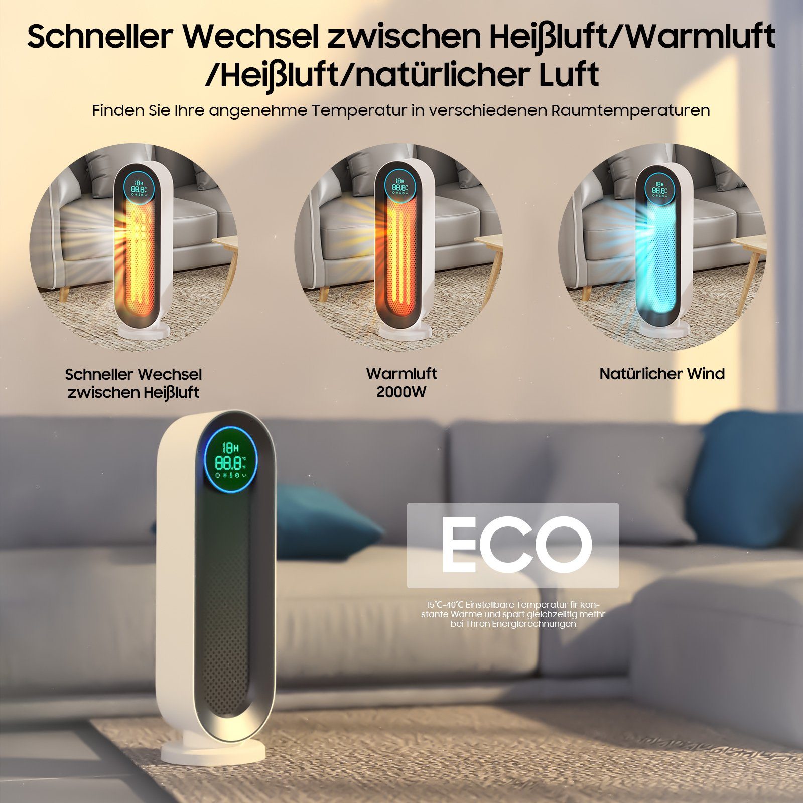 iceagle Heizlüfter HeizlüFter Energiesparend Keramik Mit Fernbedienung 2000W 12h Timer