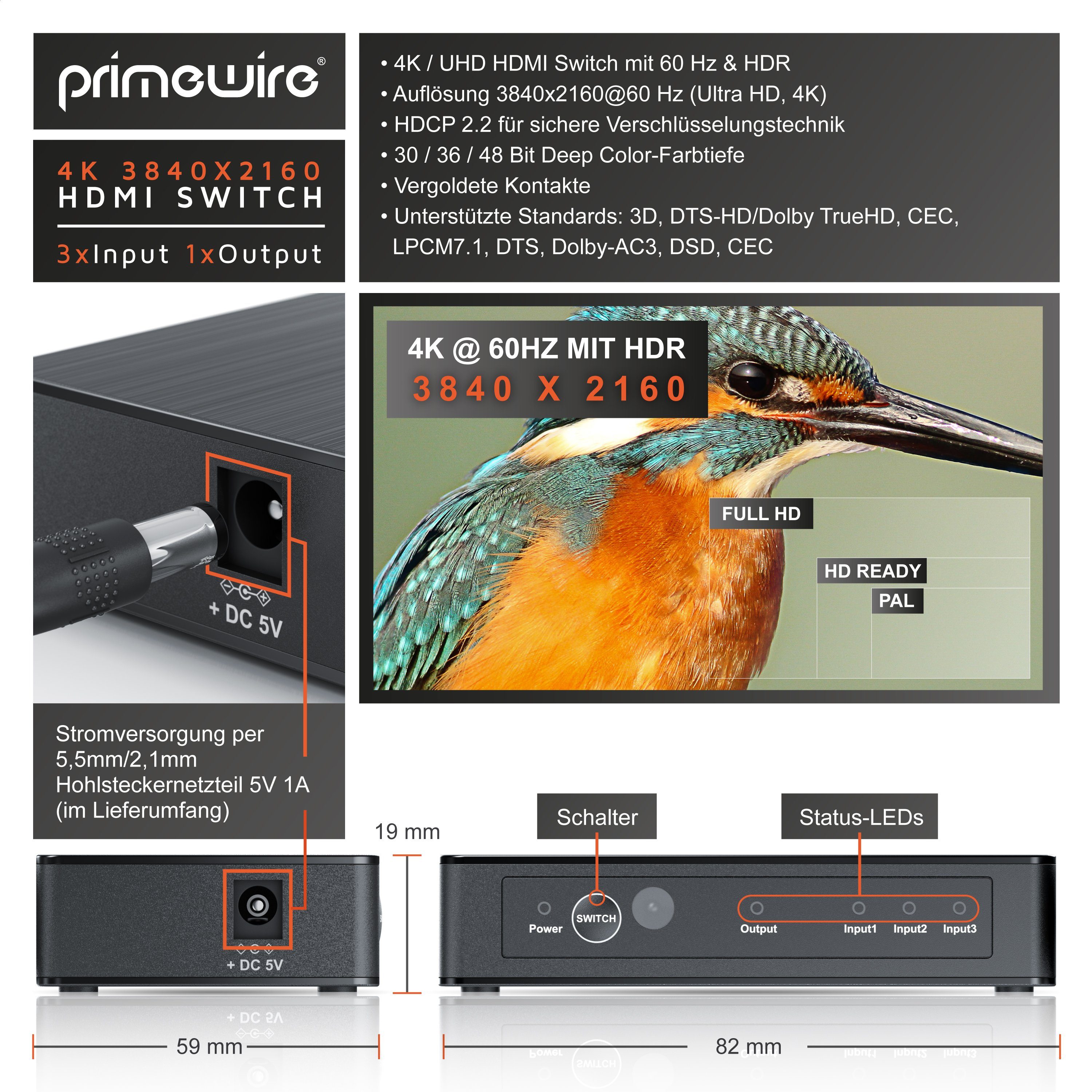 Primewire Audio / Video Matrix-Switch, HDMI 2.0b Verteiler 4k 60Hz UHD, 3 Port, Fernbedienung, Netzteil