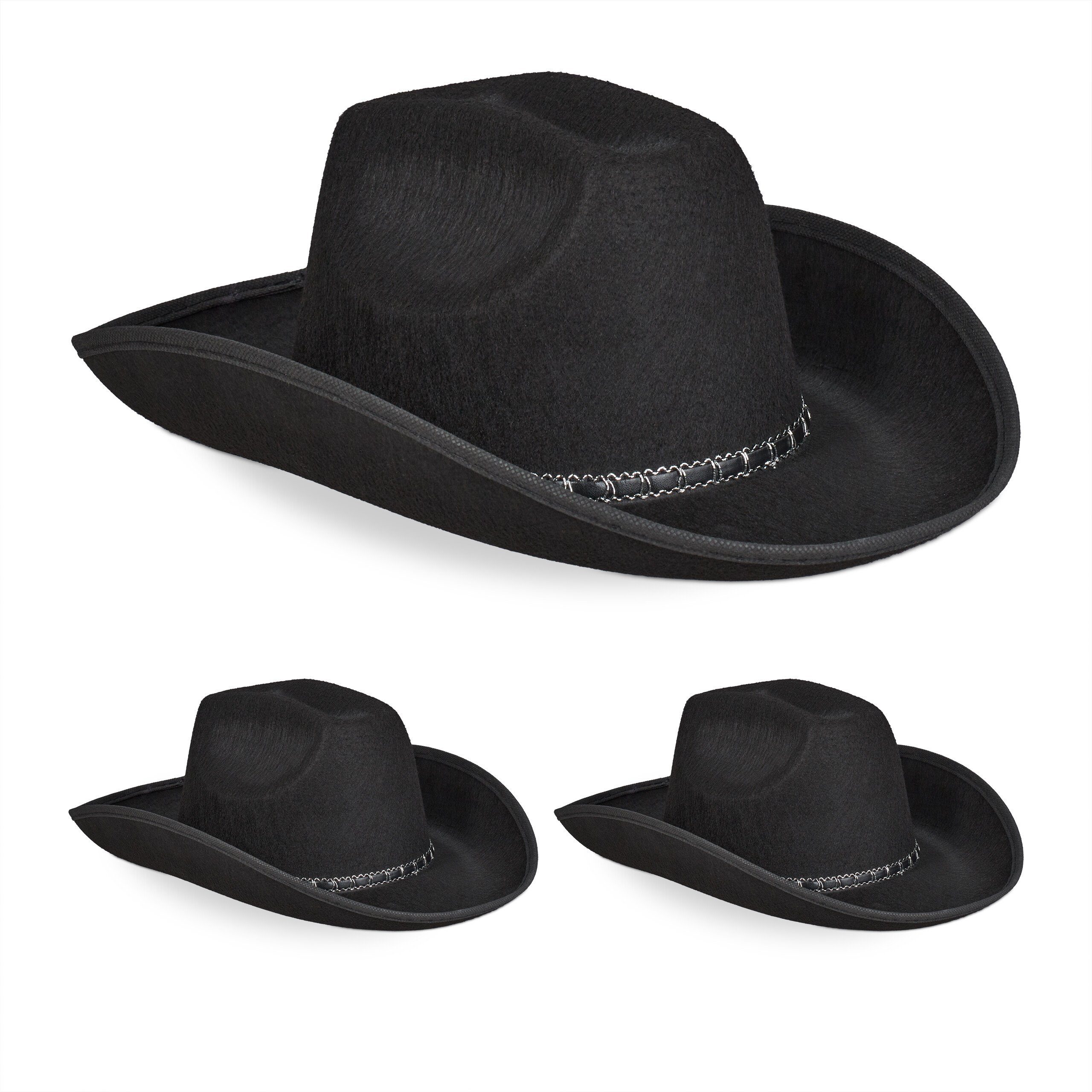 relaxdays Cowboyhut Cowboyhut 3er Set Schwarz