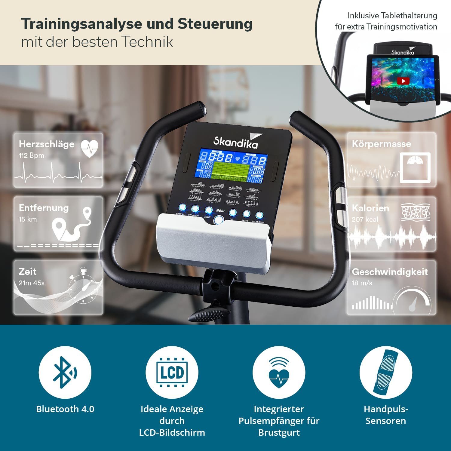 Skandika Ergometer Cardio Bike Atlantis Heimtrainer mit App Steuerung, Bluetooth, 32 Stufen, geräuscharm, Transportrollen, bis 150kg