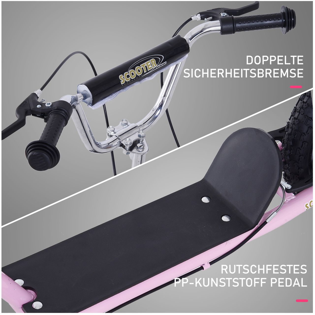 HOMCOM Kinderroller mit Bremsen 16/12 Zoll Scooter Tretroller Cityroller Kinder Roller Kickboard für 5  Jahre Kinder Rosa 135 x 58 x 92-100 cm