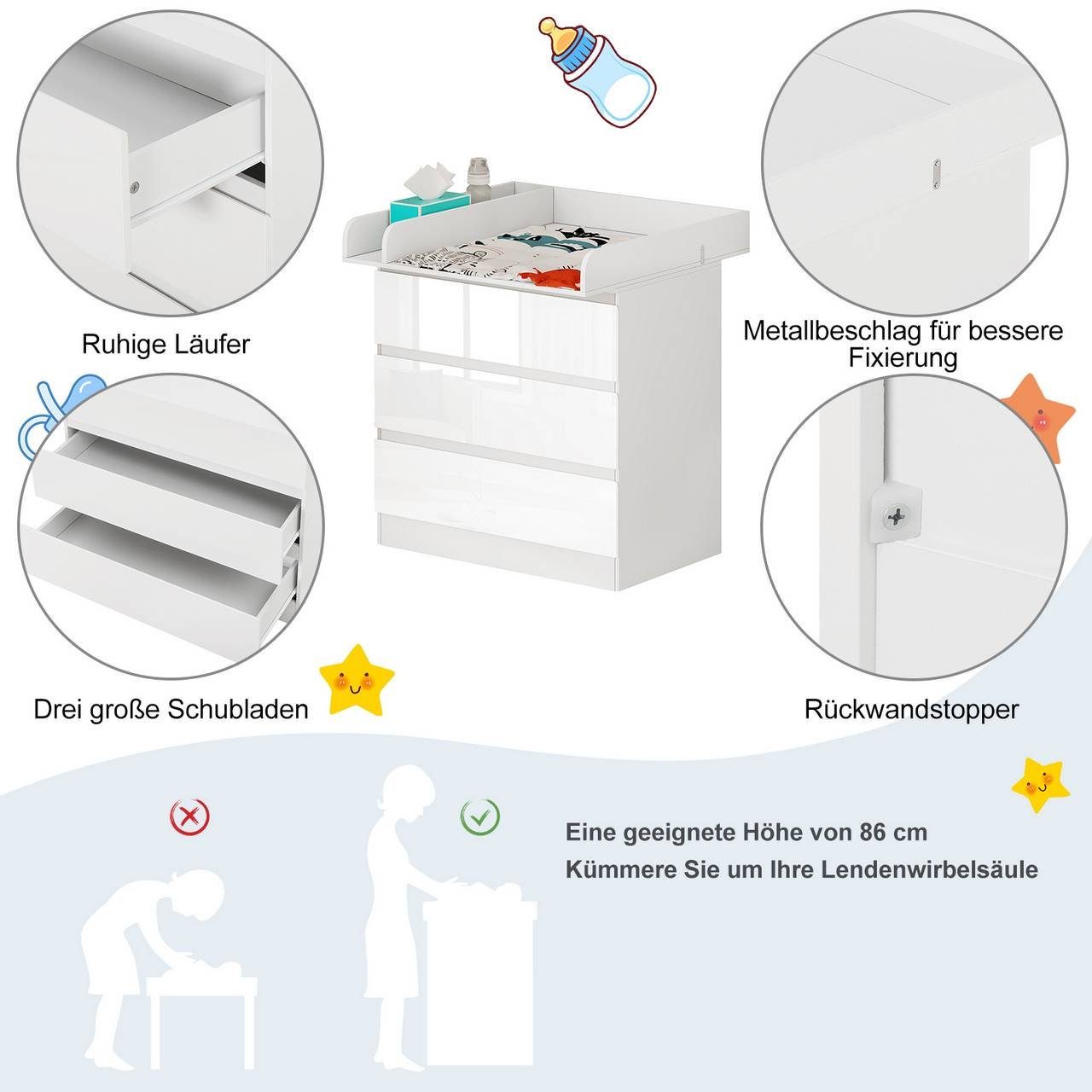 Woltu Wickelkommode, mit Wickelaufsatz, mit 3 Schubladen, Kippschutz, weiß
