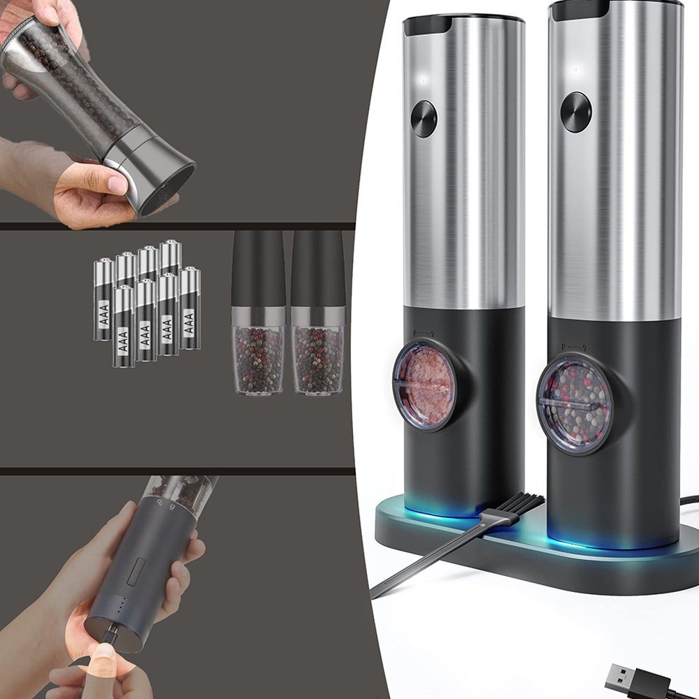 AKKEE Pfeffermühle Salz und Pfeffermühle Elektrisch mit Basis,Wiederaufladbare USB Elektrische Salz und Pfeffermühlen Set, (1 Stück), LED-Licht,Edelstahl-Einhand-Küchenhelfermühle
