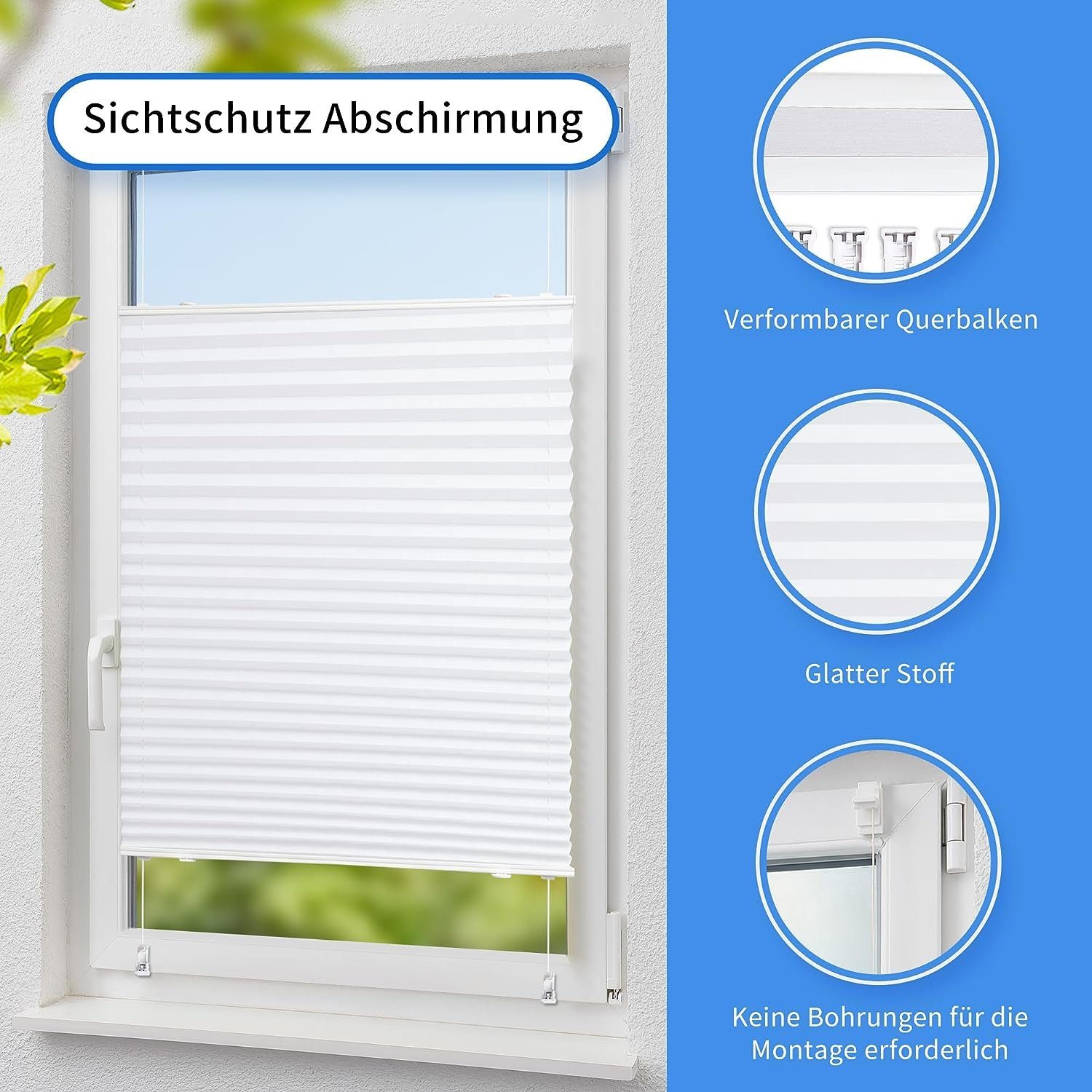 Plissee Faltrollo Ohne Bohren, OUBO, Klemmträger,Easyfix, Lichtschutz, verspannt, Klemmfix, Jalousie für Fenster & Tür, einfach Montage