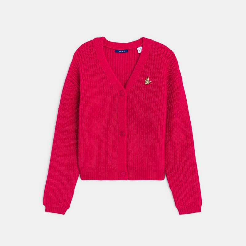 Gilet côtelé col V + broche rose fille