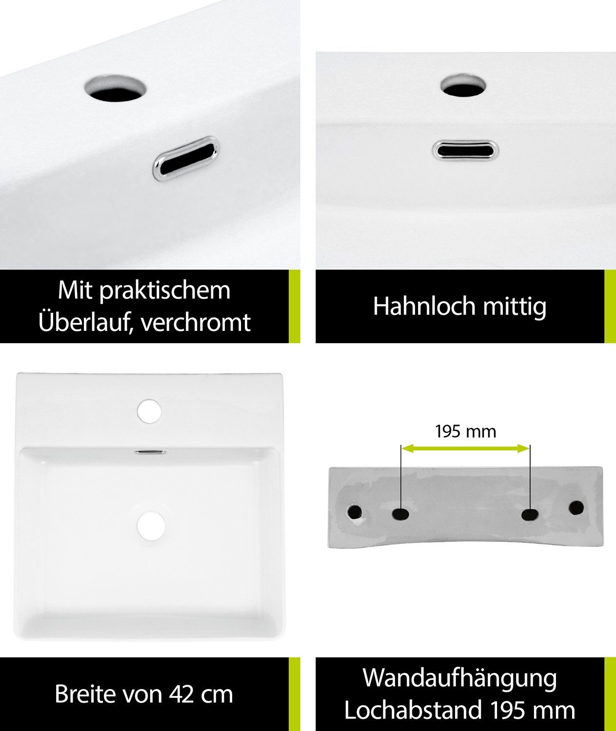 aquaSu Waschbecken Cavo (Hänge-Waschtisch, 1-St), 42 cm, Handwaschbecken, Weiß, Überlauf, Hahnloch mittig, 562232