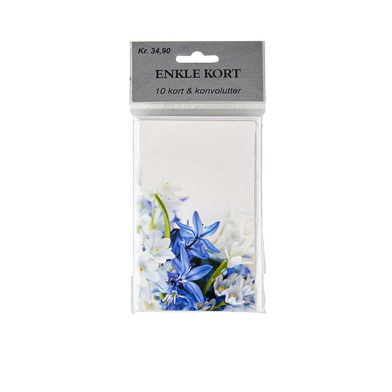 Kort 10-pk enkelt m/konvolutt blå blomst