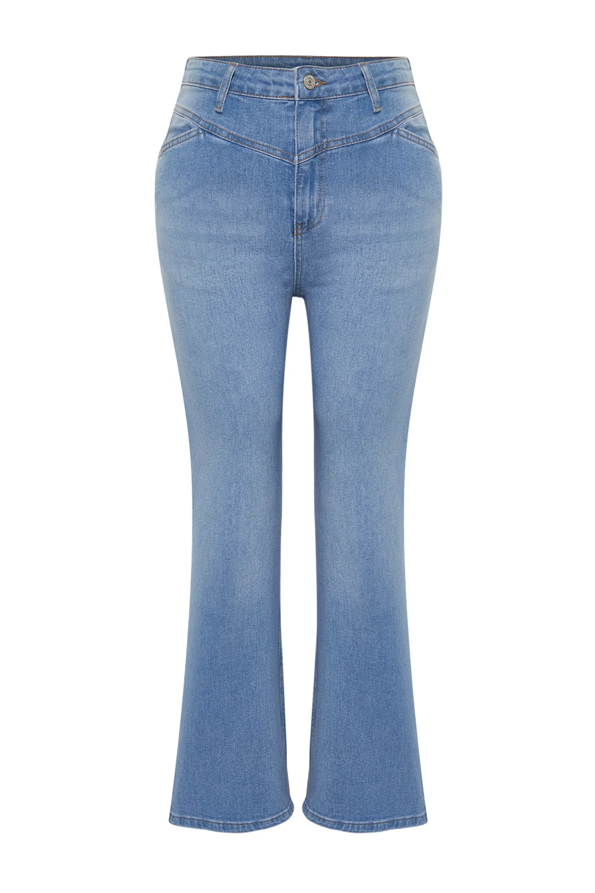 Trendyol Curve  Hellblaue Denim-Jeans im Flare-Fit mit Nähten und detaillierten Details TBBSS24CJ00003