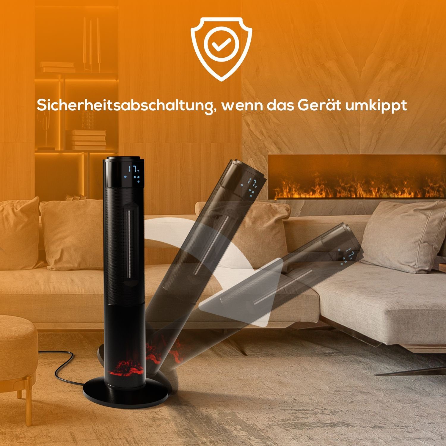 TroniTechnik Heizstrahler Turmheizer,Keramikelement,Heizgerät,Oszillation simulierten Flammen, 1000 W, zwei Heizstufen, Überhitzungsschutz und Abschaltautomatik, Thermostat