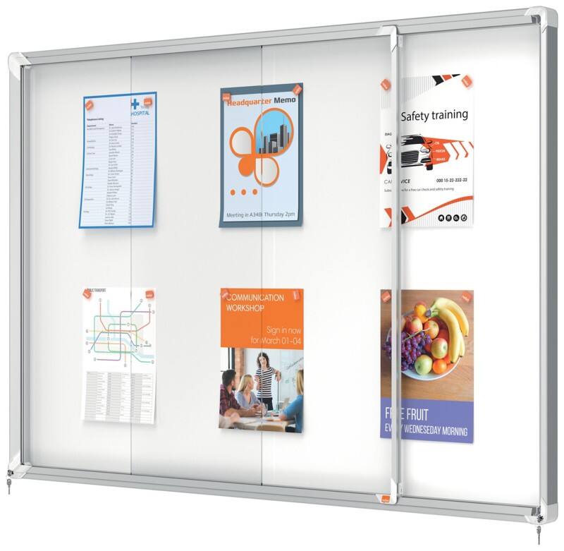 Nobo Premium Plus Magnetischer Abschließbarer Schaukasten 1902571 Für den Innenbereich Wandmontierbar Alurahmen Schiebetür aus Sicherheitsglas 18xA4 Weiß 1355 x 970 mm