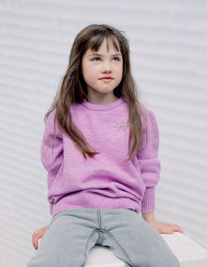 Pull rose foncé tricot avec broderie fille