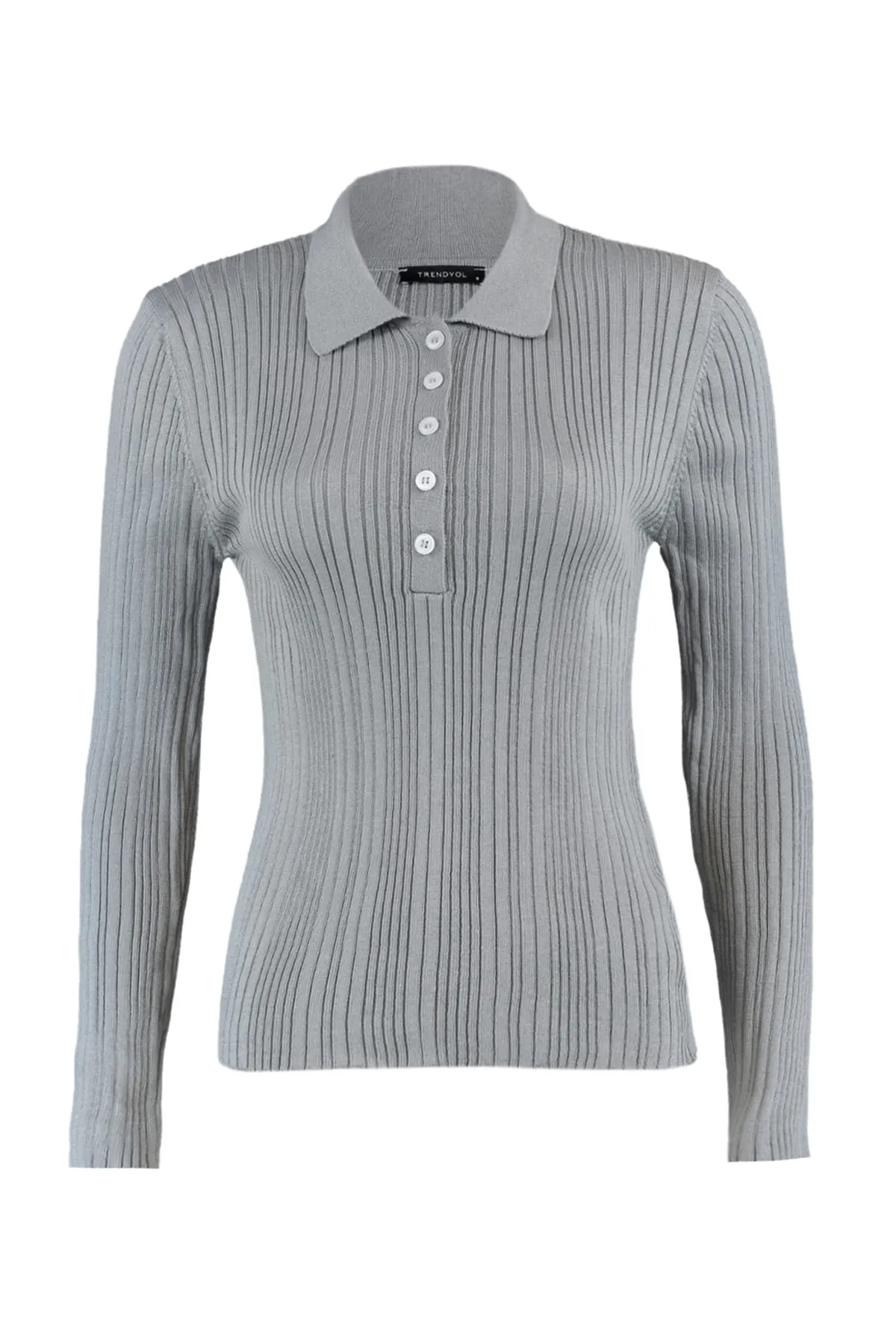 Trendyol Collection  Grauer gerippter Strickpullover mit Polokragen TWOAW21KZ0773