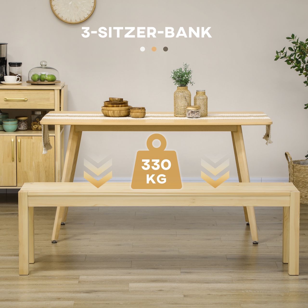 HOMCOM Sitzbank 3-Sitzer Holzbank Essbank im Landhaus-Stil, Küchenbank für Küche