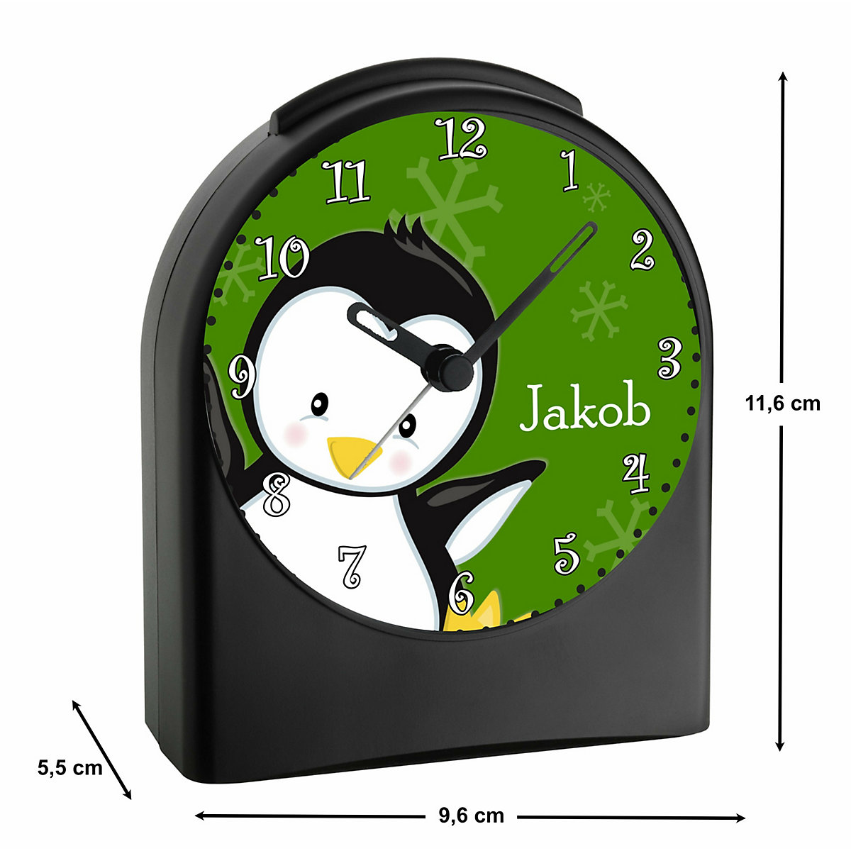 Kinder Funkwecker personalisiert mit Namen Pinguin Atom-/Funkuhr, 12-Stunden-Anzeigeformat, Schlummerfunktion, Nachtlicht, Geräuschlos/Ohne Ticken