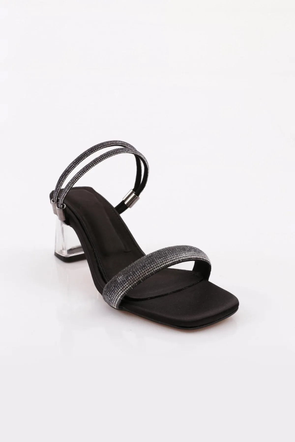DGN  901 Damen - Schwarze Satin-Sandalen mit transparentem Absatz und quadratischer Zehenpartie