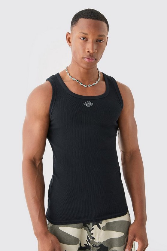 Geripptes Muscle-Fit Tanktop mit Logo