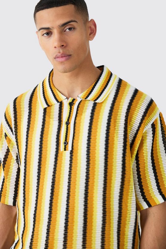 Kastiges gestreiftes Oversize Strick-Poloshirt in Gelb