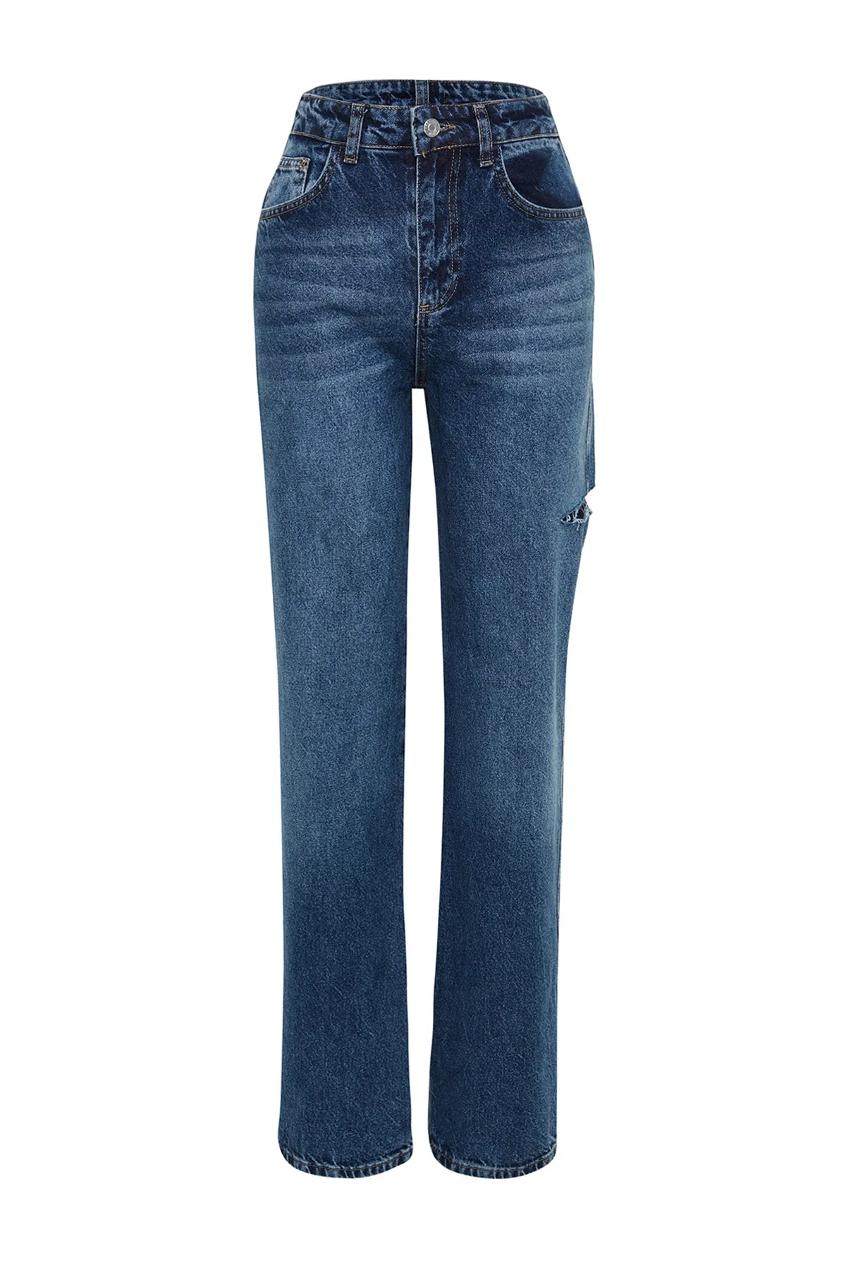 Trendyol Collection  Dunkelblaue zerrissene Jeans mit hoher Taille und weitem Bein TWOSS23JE00142