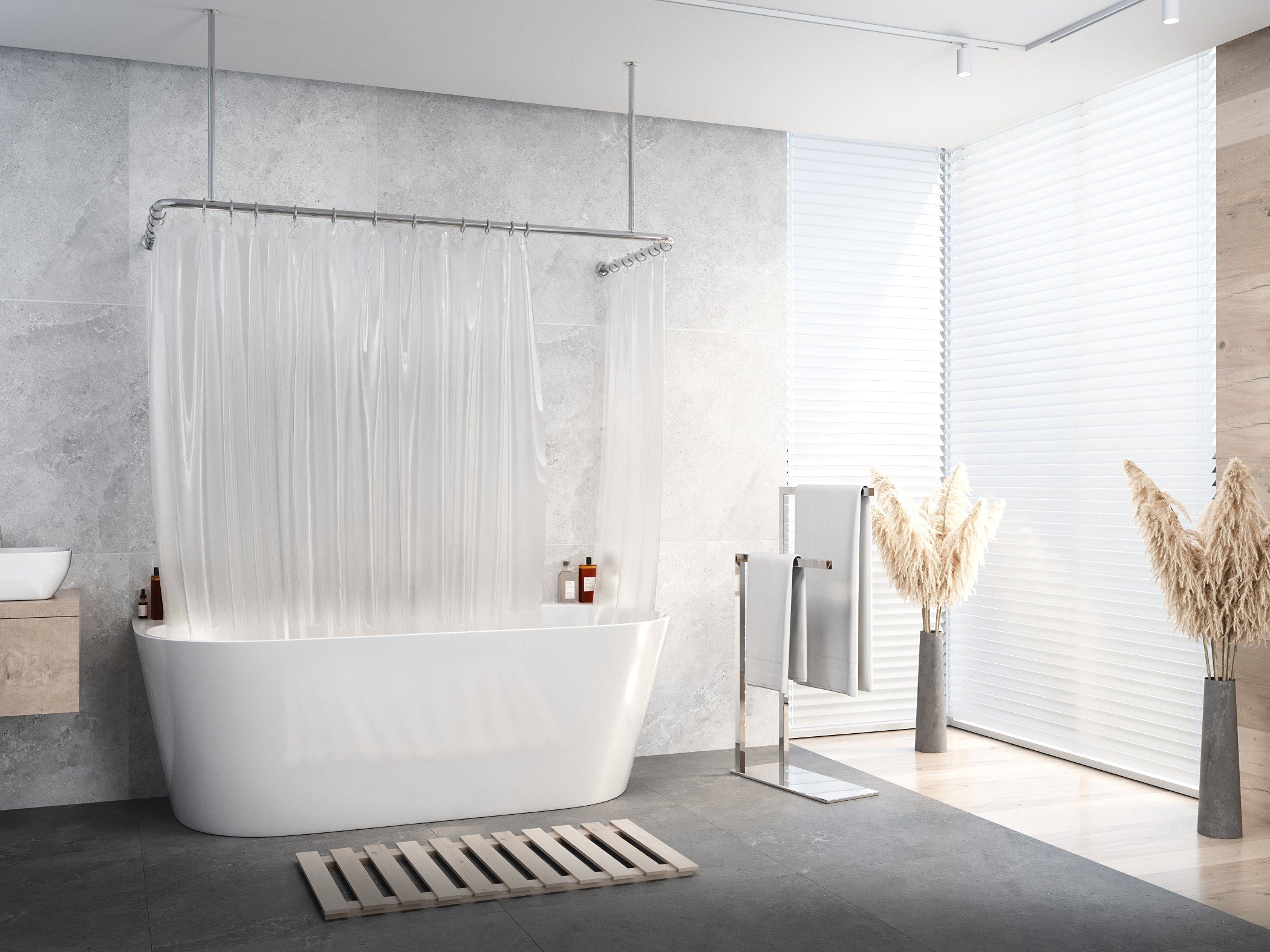 Duschvorhangstange Alu Silber Glänzend 70x165x70 cm barrierefrei inkl. Deckenhalterung, KS Handel 24