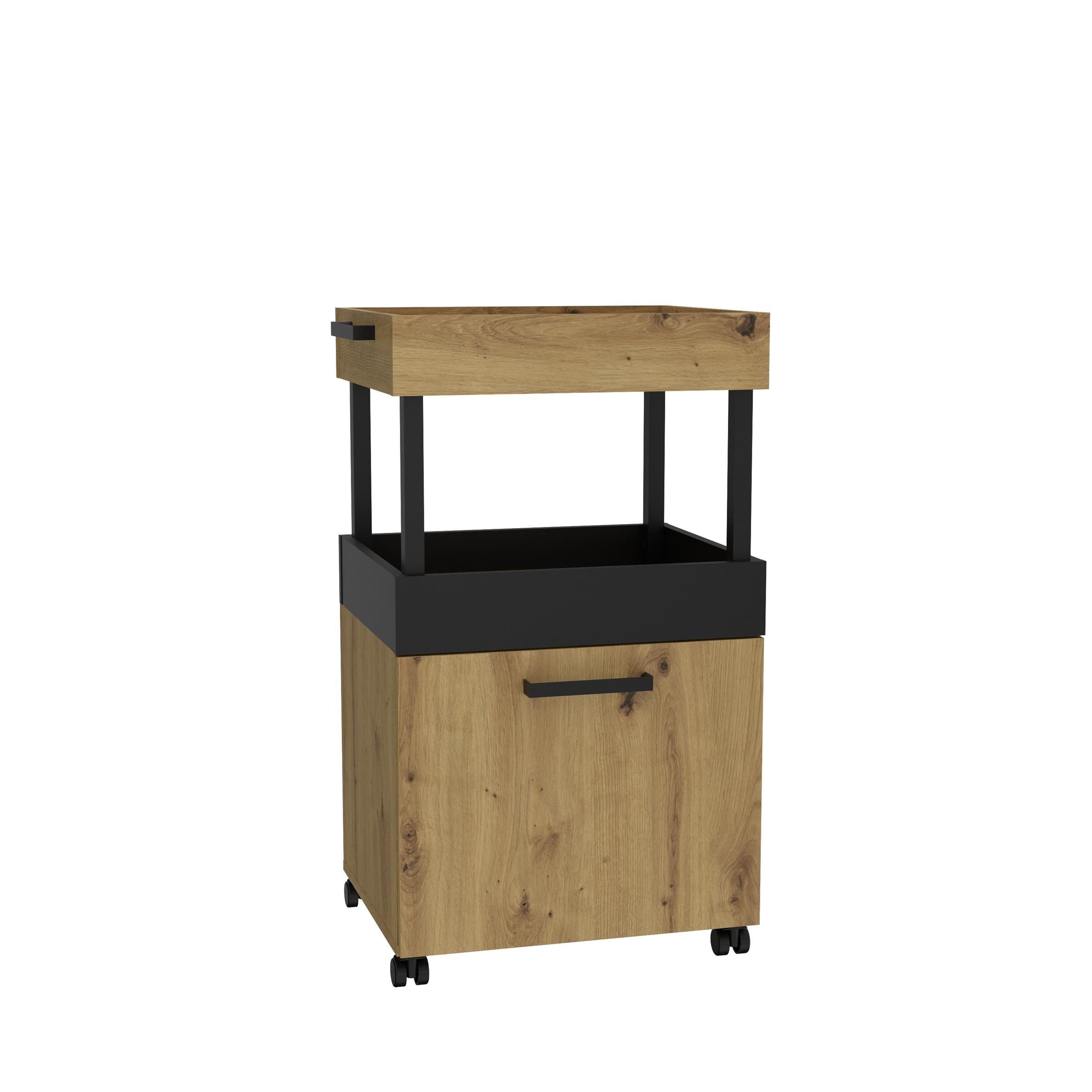 möbelando Barschrank Hydra Barschrank im modernen Industrial-Design aus Spanplatte in Artisan Eiche Nachbildung / Schwarz matt mit 1 Holztür, 2 Ablageböden und 4 Rollen. Breite 50,2 cm, Höhe 88,2 cm, Tiefe 41,1 cm