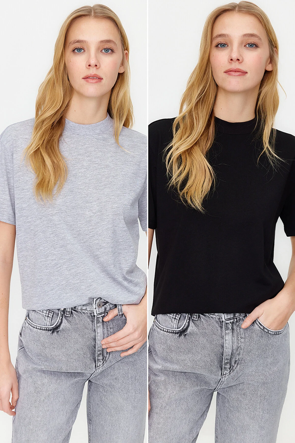 Trendyol Collection  2er-Pack Basic-Strick-T-Shirts mit Stehkragen in Schwarz-Grau-Melange TWOSS20TS1500
