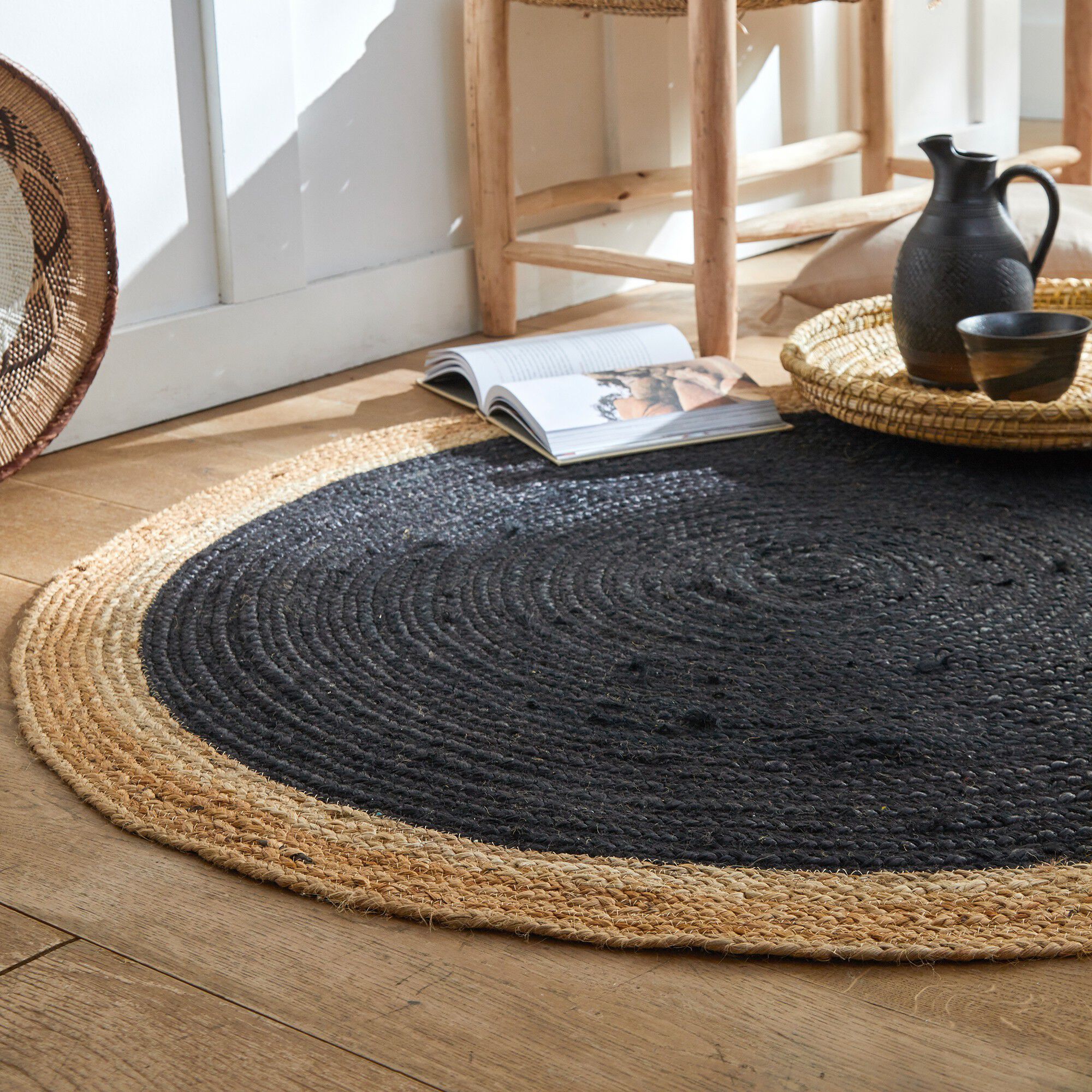 Tapis rond jute bicolore noir et naturel