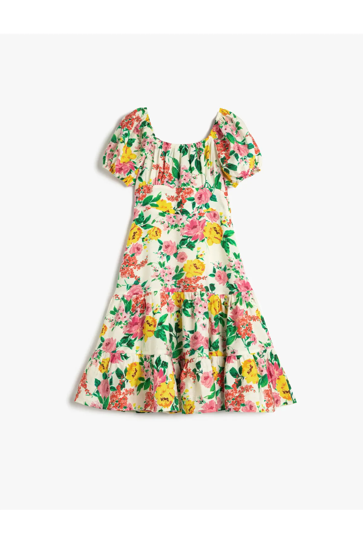 Koton  Kleid mit Blumenmuster, Midi-Länge, gestuft, kurze Ballonärmel, quadratischer Ausschnitt