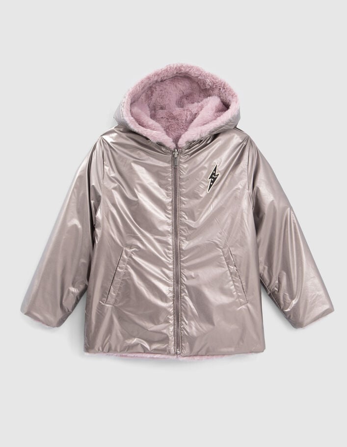 Doudoune réversible parme Sherpa et métallisé argent fille