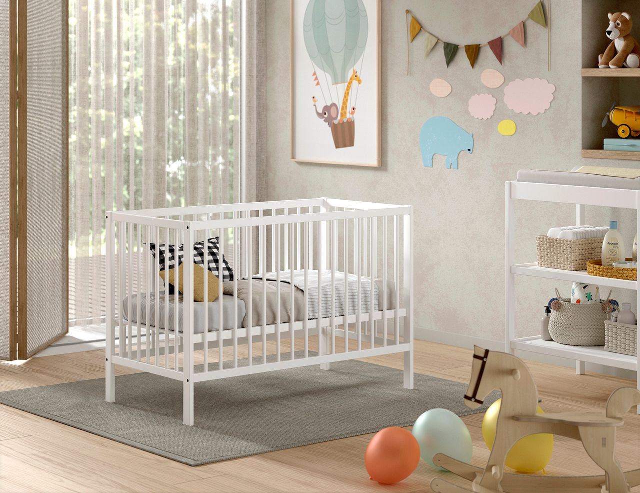 VIPACK Vipack - DINO Gitter-Babybett 60 x 120 cm, höhenverst. Lattenrost, Buche massiv weiß lackiert