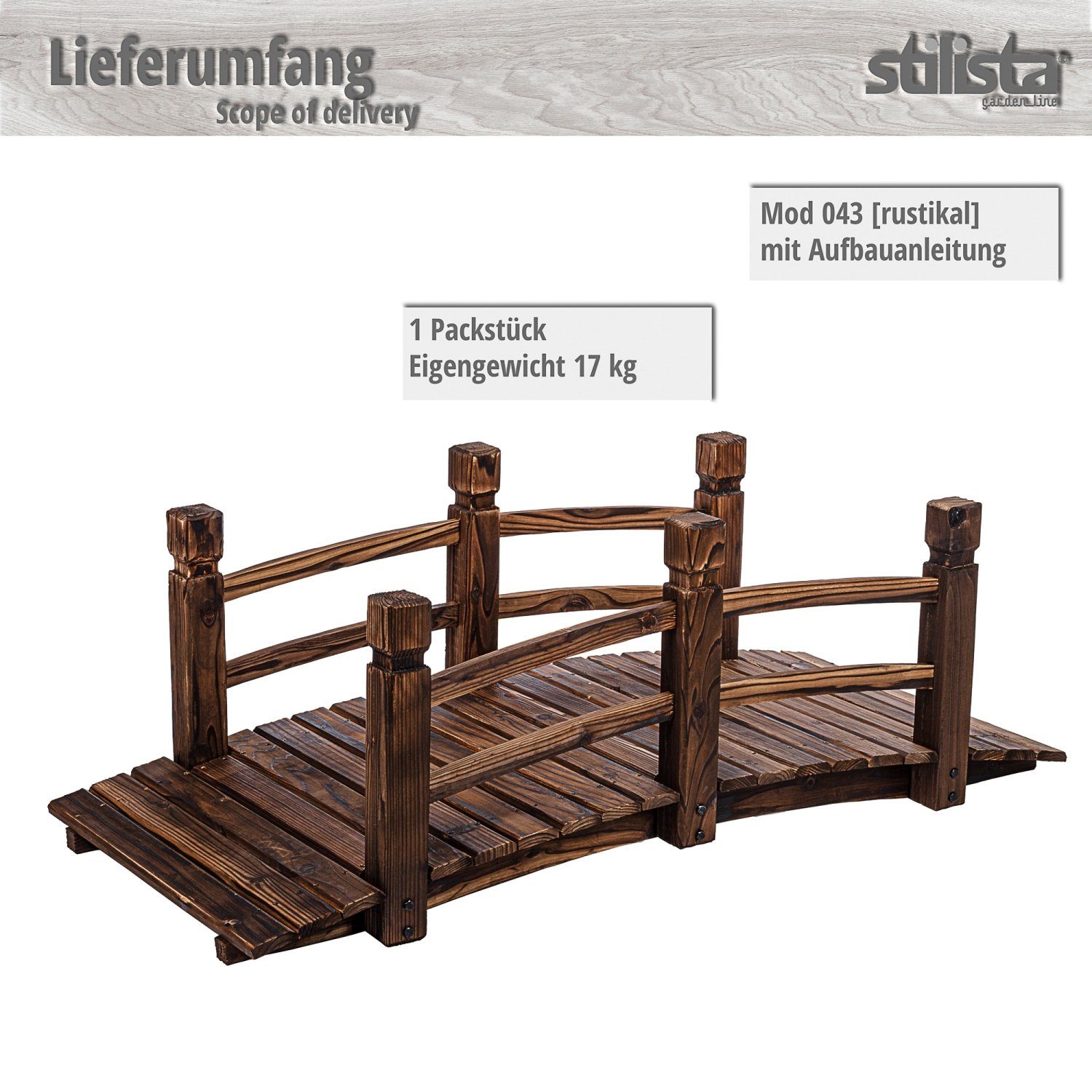 STILISTA Zierbrücke Holzbrücke Gartenbrücke Teichbrücke Dekobrücke, 150 x 65 x 53 cm, mit Geländer, geölt, Farbwahl