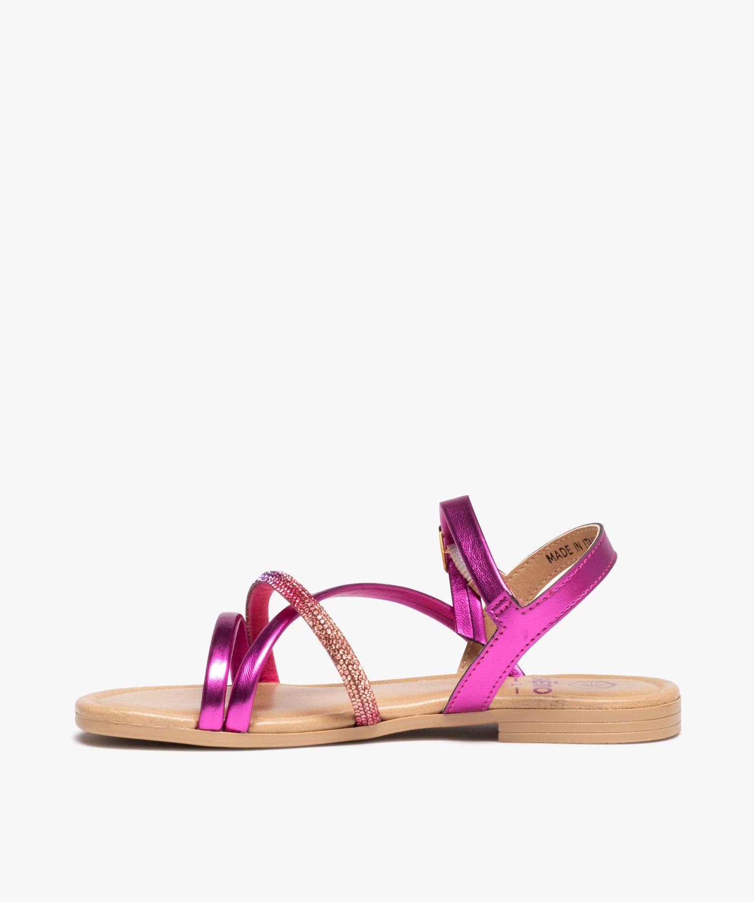 Sandales fille unies à fines brides croisées brillantes fuchsia | GEMO