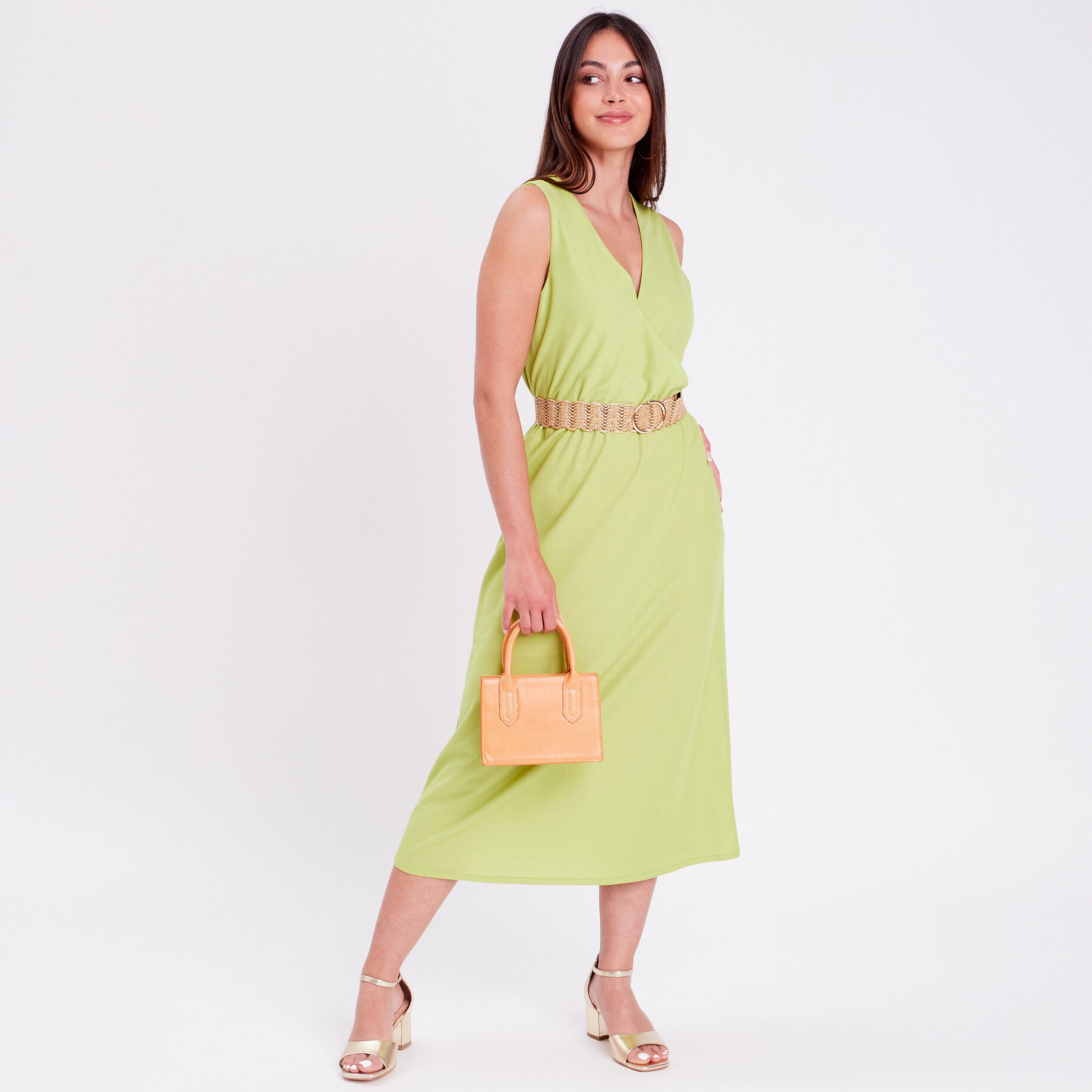 Robe midi évasée ceinturée vert anis femme | Cache Cache